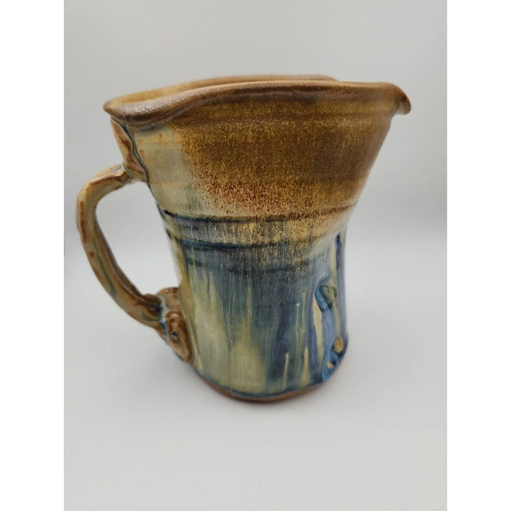 Handmade stoneware pitcher two-tone drip glaze Rustic 5